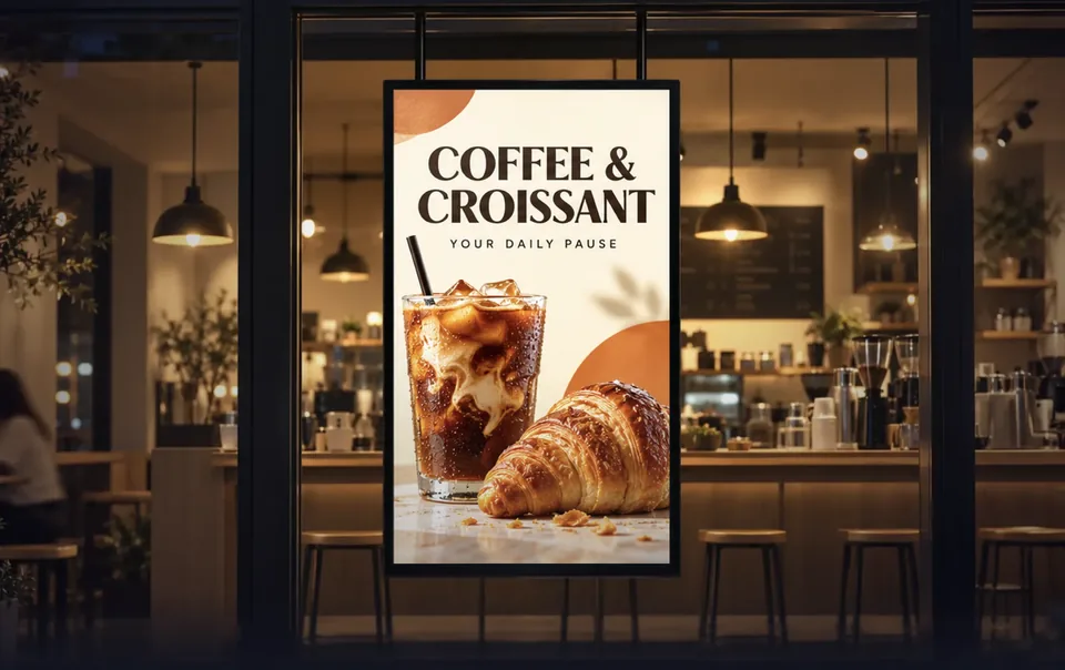 Cafe window at night with a hanging digital menu screen advertising coffee and croissants
