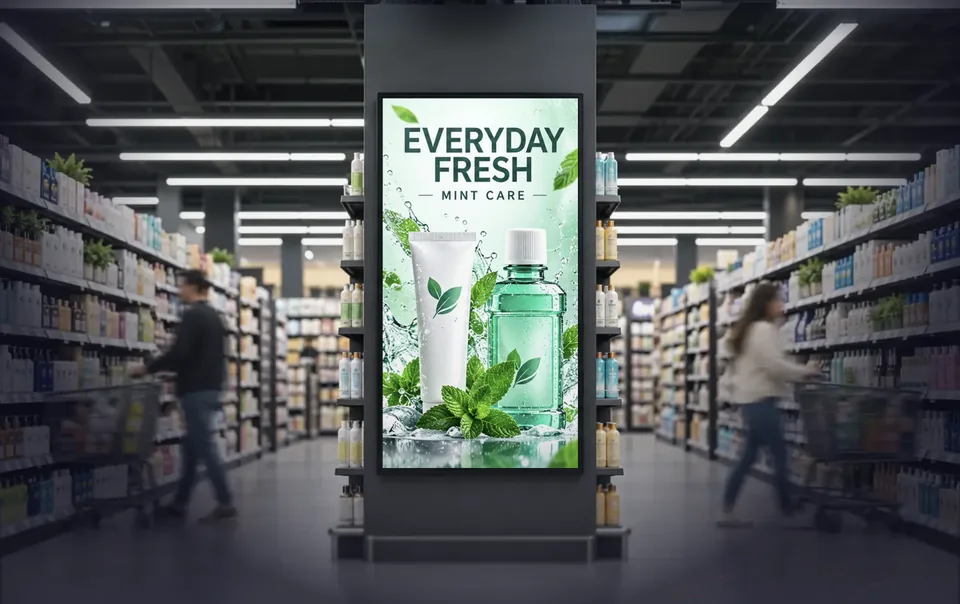 Supermarket aisle with a digital display on a central pillar showing a fresh products advert