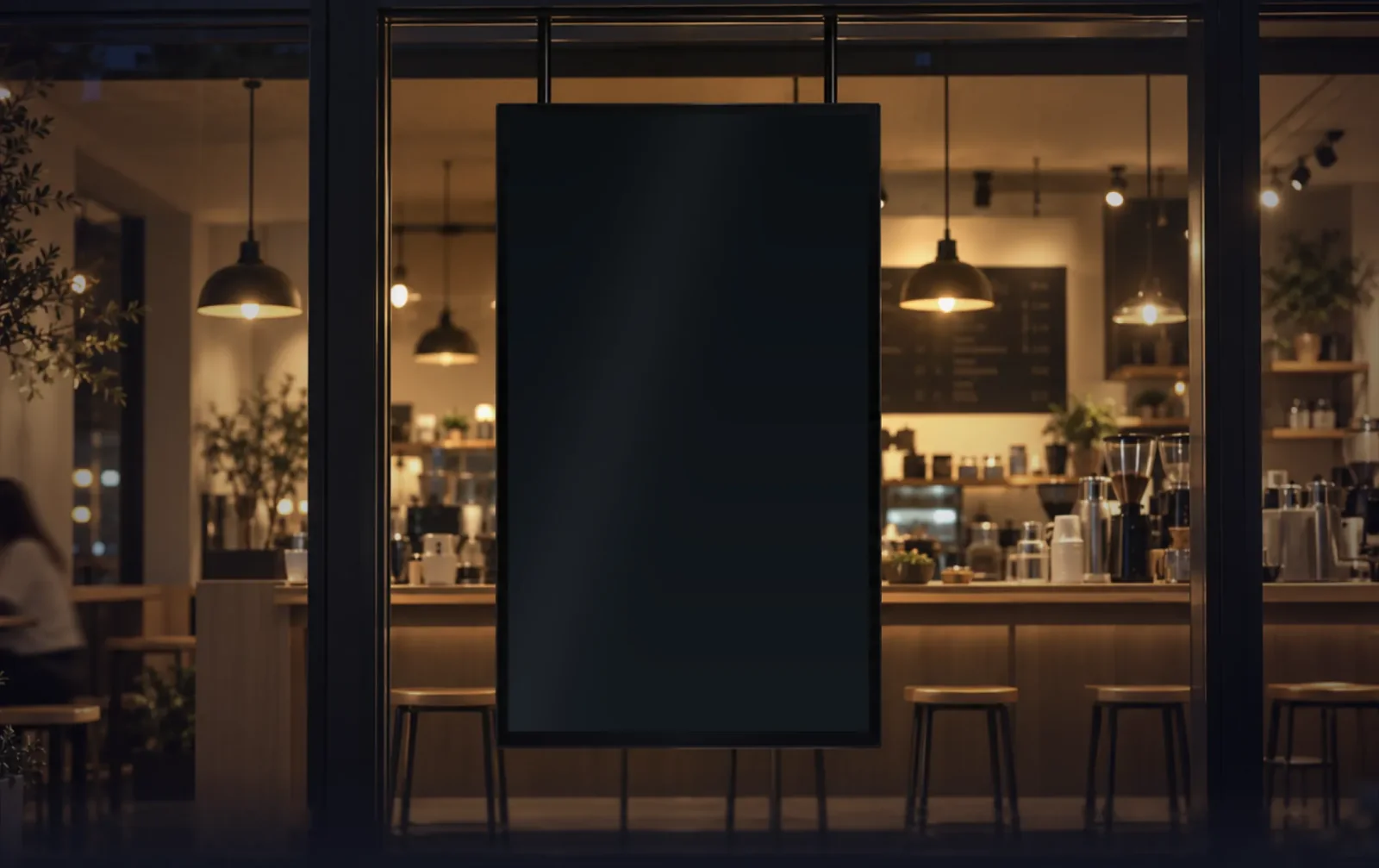 Cafe window at night with a hanging digital menu screen