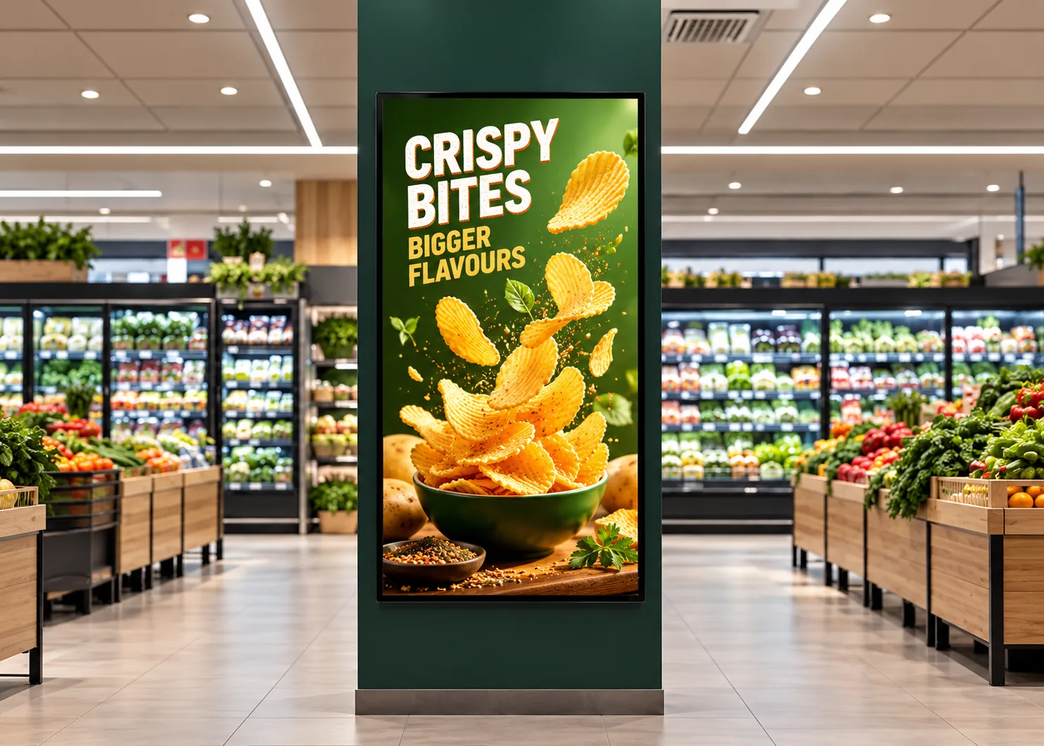 Supermarket pillar display showing a crispy bites advert